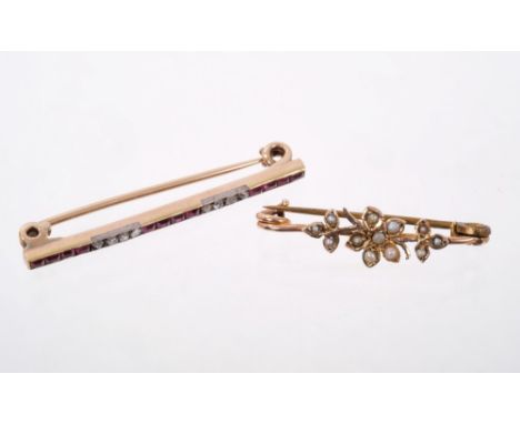 Edwardian ruby and diamond line brooch and a Victorian seed pearl bar brooch (2)
