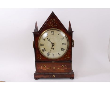 Victorian Gothic bracket clock in brass inlaid lancet-shaped case with corner spires, painted dial, single fusee movement, on