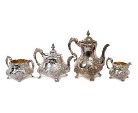 Fine quality Victorian silver four piece tea set - comprising teapot of baluster form, with rococo scroll and foliate decorat