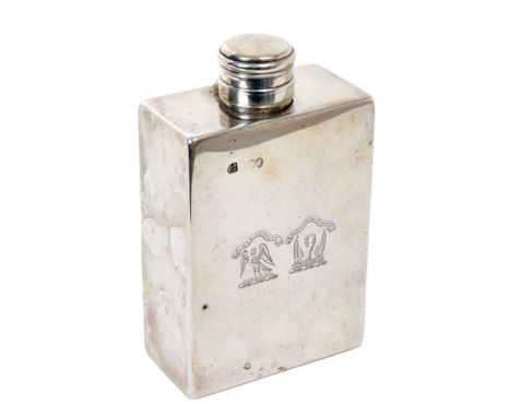 Victorian Asprey silver flask of rectangular form, with two separately engraved armorial crests and mottos and bayonet fastin