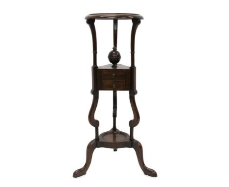 Georgian mahogany toilet stand, triangular outline with two drawer central tier and shelf below on tripod cabriole legs, 86cm