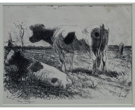 Harry Becker (1865-1928) signed lithograph - Two Cows, Low Countries, circa 1910, in glazed frame, 31cm x 41cm