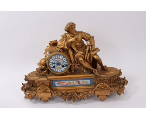 Late 19th century French gilt metal and porcelain mounted mantel clock, mounted with figure of Sir Walter Raleigh, the porcel