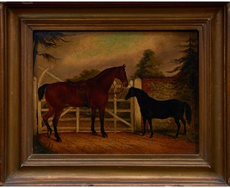 John Vine of Colchester (1809-1867) oil on canvas - a bay horse and black pony before a gate, signed, 32cm x 43cm, in gilt fr