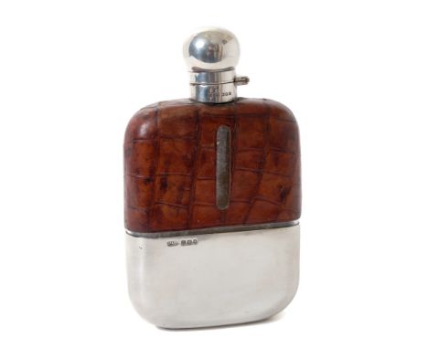 George V silver mounted glass spirit flask with crocodile leather cover, hinged cap with bayonet fastening and separate drink