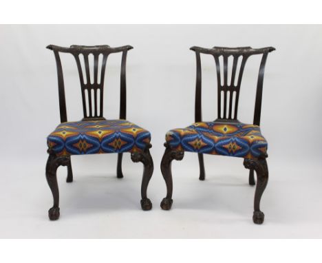 Good pair of Chippendale-style mahogany dining chairs, each with acanthus carved top rail with scroll terminals and pierced v