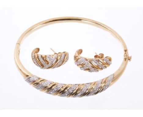 9ct gold hinged bangle and matching earrings set with single cut diamonds