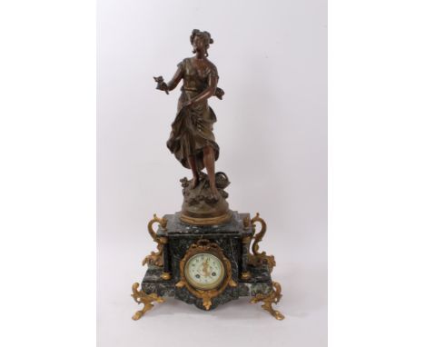 Impressive early 20th century French bronzed spelter and marble mantel clock, mounted with female figure, entitled - 'Fleur d