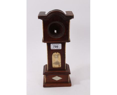 19th century primitive wood and bone inlaid pocket watch case in the form of a grandfather clock, central panel with inscript