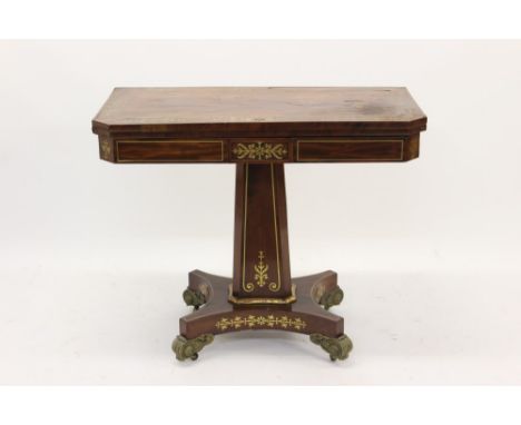 Good Regency rosewood and brass inlaid card table of canted rectangular form, with hinged revolving top enclosing green baize