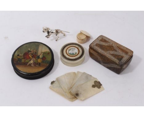 19th century papier mache snuff box of circular cushion form, the top with coloured engraved figural scene, 9cm diameter, tog