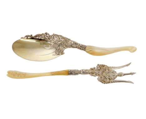 Fine quality pair of silver gilt oyster servers - comprising a spoon with raised decoration and carved ivory handle and a mat