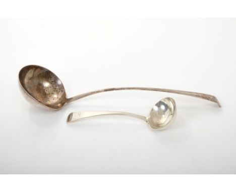 Georgian silver Old English pattern soup ladle (marks rubbed), together with a white metal sauce ladle with engraved crest an