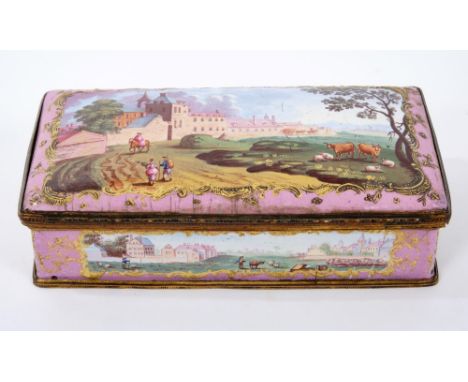 Fine 18th century French enamel desk stand of rectangular cushion form, the hinged lid decorated with figures before a chatea