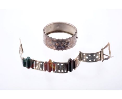 Victorian Scottish agate and white metal bracelet in the form of a belt with buckle clasp, together with a Victorian silver h