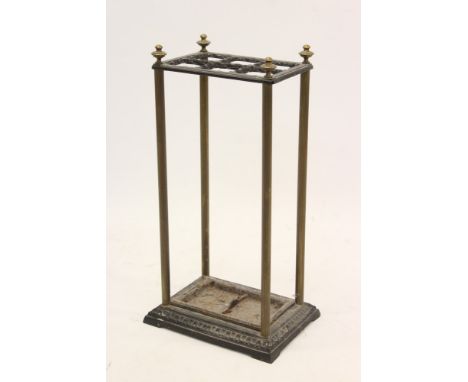 Victorian brass and iron stick stand rectangular outline with reeded supports to drip tray base, 63cm high