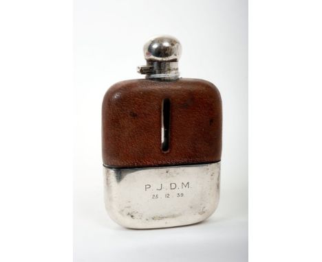 1930s glass spirit flask with pigskin leather cover and hinged silver plated cover with bayonet fastening, detachable silver 