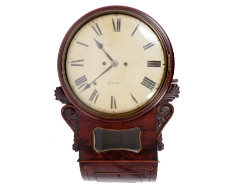 Regency mahogany drop-dial wall clock with 12 inch painted dial, signed - Thompson &amp; Sons, Bath, fusee movement with bras