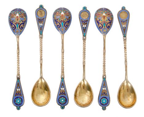 Set of six Imperial Russian silver gilt and cloisonné enamel coffee spoons with teardrop bowls and twist stems (stems stamped