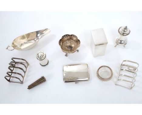 Selection of miscellaneous silver - including pair toast racks, playing card box, sauce boat, cigarette case and other items 