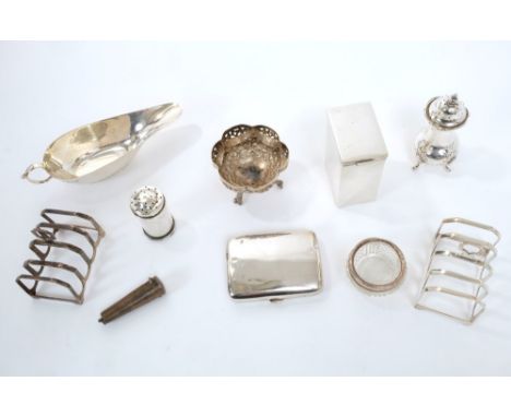 Selection of miscellaneous silver - including pair toast racks, playing card box, sauce boat, cigarette case and other items 