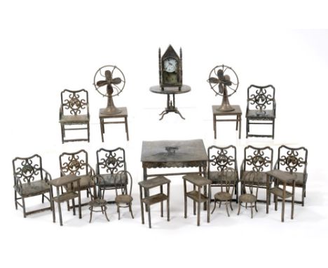 Collection of Chinese white metal miniature furniture - including a clock, eight dining chairs, large table, two fans, circul