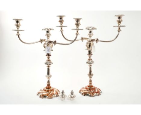Pair 19th century silver plated three-light candelabra with tapering stems and wrythen decoration, on shaped wrythen bases, t
