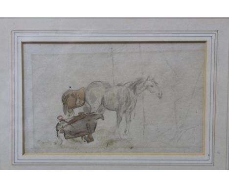 Circle of Thomas Churchyard (1798-1865) watercolour sketch - horses in a stable, in glazed gilt frame, 10.5cm x 17cm