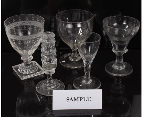 Collection of 18th and 19th century glassware - including rummers and wines, lace makers lamp bases and condiment bottle (12)