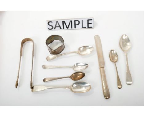 Selection of miscellaneous silver Georgian and later teaspoons, together with a knife and fork christening set, two pairs sug
