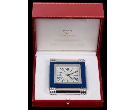Cartier Must de Cartier Art Deco style travel alarm clock with alarm mechanism, quartz movement and square dial with blue Rom
