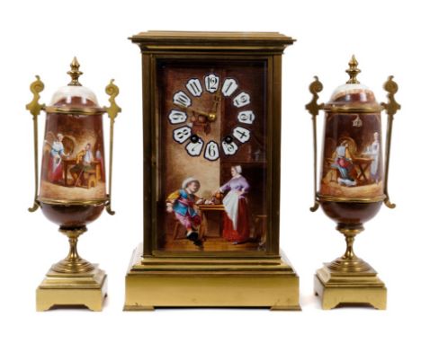 Impressive late 19th century French clock garniture - comprising gilt brass cased mantel clock with porcelain panels and dial