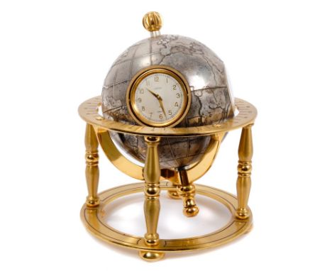 1960s Swiss Angelus novelty desk combined clock, barometer, hygrometer set in a silvered terrestrial globe with gilt metal ta