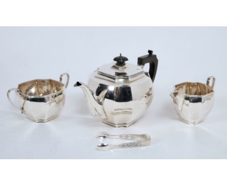 1930s silver three piece tea set - comprising teapot of faceted form, with angular ebony handle and hinged faceted cover with