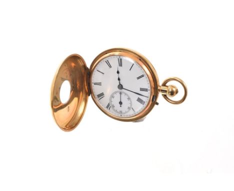 Victorian gold (18ct) and enamel half hunter pocket watch with keyless movement, signed - Bennett, 32 Bond St. London, the re