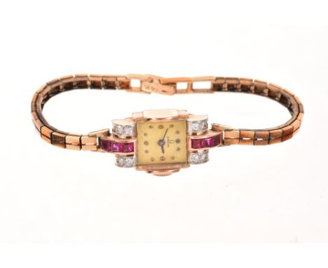 1940s ladies' rose gold (14k) cocktail wristwatch, with diamond and synthetic ruby set Art Deco-style case on articulated bra