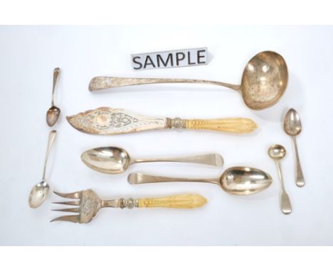 Mixed selection of Georgian and later flatware - including soup ladle, pair fish servers with carved ivory handles, five tabl