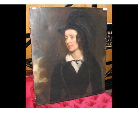 A 19th century oil on canvas portrait - lady wearing hat - 78cm x 65cm CONDITION REPORTas per images