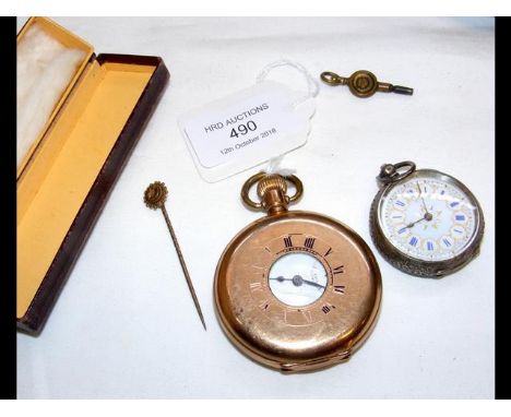 A 15ct gold stick pin, gold plated watch and a fob watch 