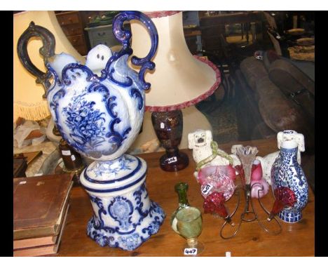 Various collectable ceramic and glassware, including oriental moon flask, Staffordshire dogs 