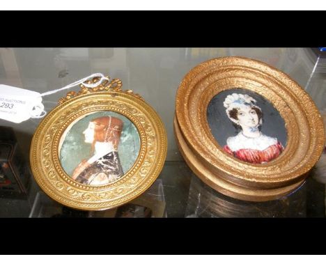 Oval miniature portrait of lady wearing bonnet, together with one other 