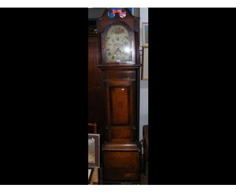 A thirty hour oak cased Grandfather clock with painted arched dial CONDITION REPORTweight is there with pendulum.glass ok