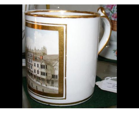 An old Worcester style mug with hand painted Cathedral decoration - 9cm high CONDITION REPORThandle has small hairline
