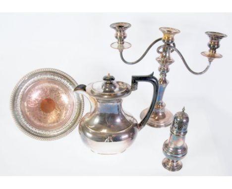 SILVER ON COPPER THREE LIGHT CANDELABRUM, with reflex branches, beaded borders and circular base, 11 ½" (29cm) high, AN ELECT