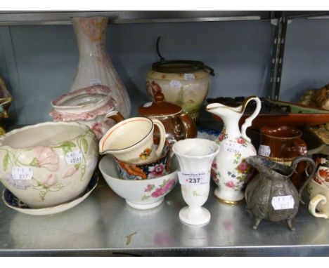 DENBY POTTERY FLOWER BOAT, 18 OTHER CERAMIC ITEMS AND A CARVED COMPOSITION OBLONG ORIENTAL PLAQUE 