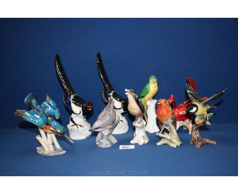 Nine Bird figures including Tuscan china Budgieregar, Goebel Robin, some a/f