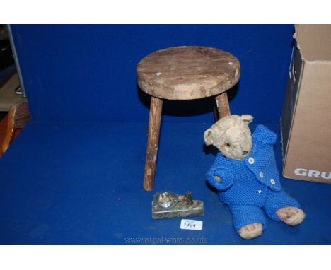 A small Elm four legged Stool, and a vintage well loved Teddy Bear