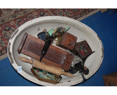 An old Babies Bath, Book Slide, horn birds, Tea Caddy, Table Mats, etc.