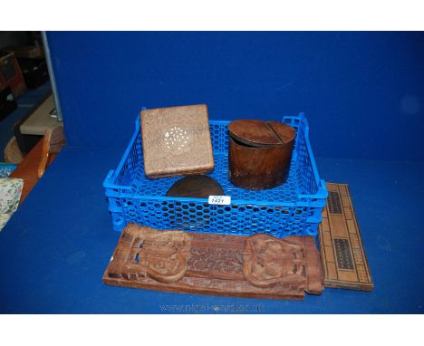 An Indian carved wooden Book Slide, a similar Jewellery Box and a Cribbage Board, Tea Caddy a/f