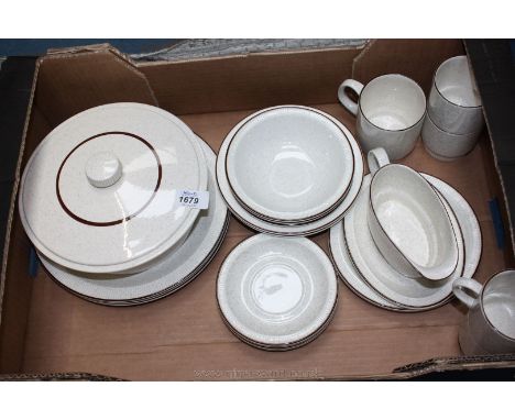 A quantity of Poole china including four cups, mug, sauce boat and saucer, vegetable dish with lid, etc.